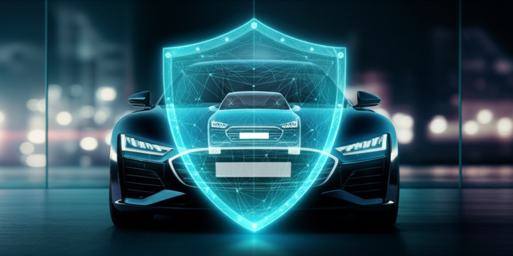 Futuristic car with digital shield protection overlay